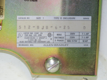 Allen Bradley 512-BJB-6-25 Combination Starter NEMA Size 1 Fusible 10HP 600V 3ph