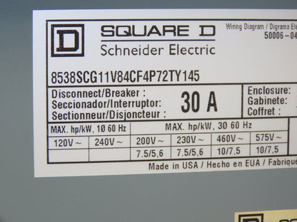 Square D Combination Motor Starter Non Fusible 10HP 600V 3ph 120V Coil
