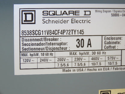 Square D Combination Motor Starter Non Fusible 10HP 600V 3ph 120V Coil