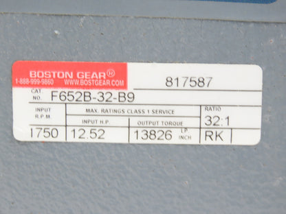 Boston Gear F652B-32-B9 Inline Helical Reducer 32:1 Gearbox 55rpm 12.5Hp 180TC