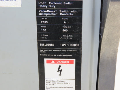 Siemens F353 I-T-E Heavy Duty Safety Disconnect Switch 100A 600V 3Ph Fused
