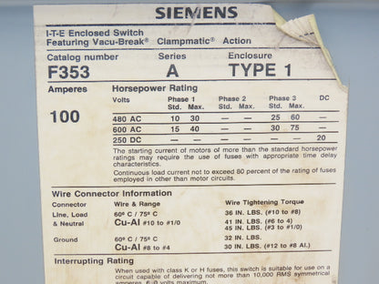 Siemens F353 I-T-E Heavy Duty Safety Disconnect Switch 100A 600V 3Ph Fused