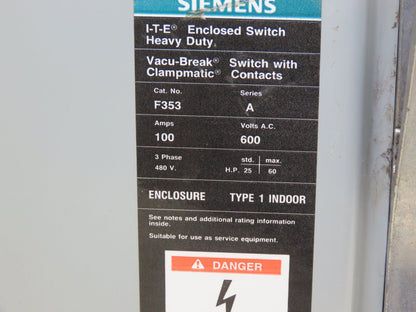 Siemens F353 I-T-E Heavy Duty Safety Disconnect Switch 100A 600V 3Ph Fused