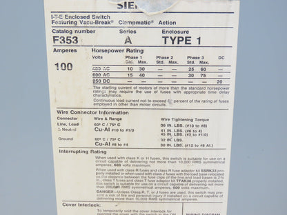 Siemens F353 I-T-E Heavy Duty Safety Disconnect Switch 100A 600V 3Ph Fused