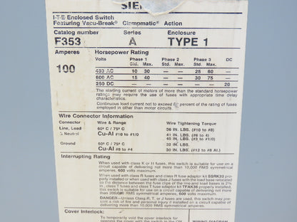 Siemens F353 I-T-E Heavy Duty Safety Disconnect Switch 100A 600V 3Ph Fused