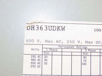 Cutler Hammer Eaton DH363UDKW Safety Disconnect Switch 100A 600V 3Ph Non Fused