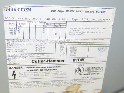 Cutler Hammer Eaton DH363UDKW Safety Disconnect Switch 100A 600V 3Ph Non Fused