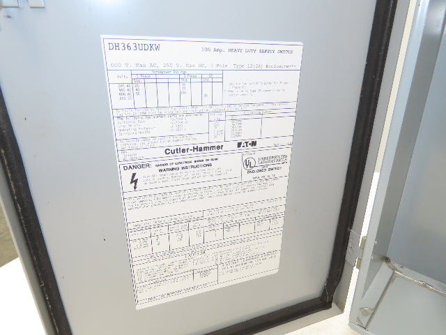 Cutler Hammer Eaton DH363UDKW Safety Disconnect Switch 100A 600V 3Ph Fused