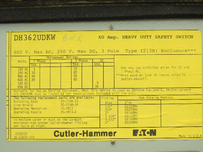 Cutler Hammer Eaton DH362UDKW Safety Disconnect Switch 60A 600V 3Ph Non Fused