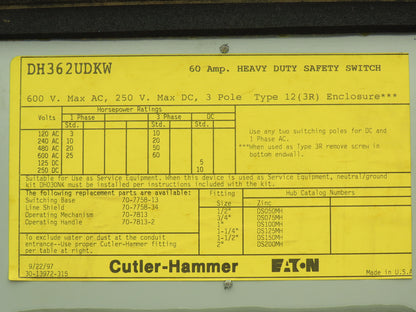 Cutler Hammer Eaton DH362UDKW Safety Disconnect Switch 60A 600V 3Ph Non Fused