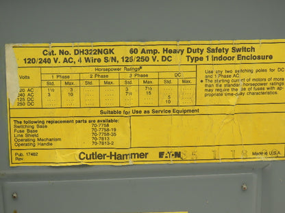 Cutler Hammer Eaton DH322NGK Safety Disconnect Switch 60A 250V 3Ph Fused