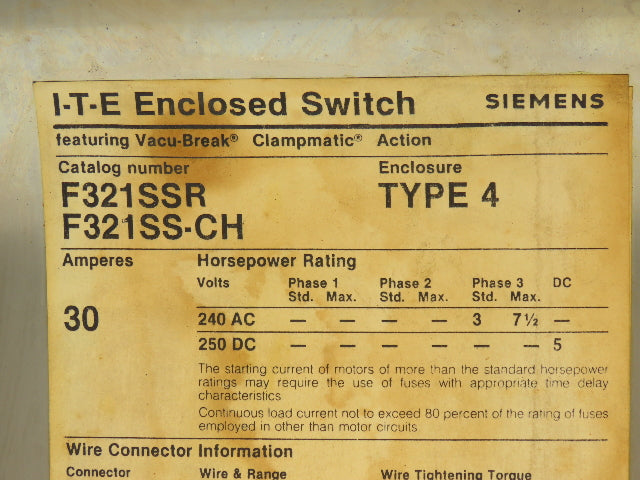 Siemens F321SSR-CH Safety Switch Disconnect Fused Stainless Steel 30A 240VAC