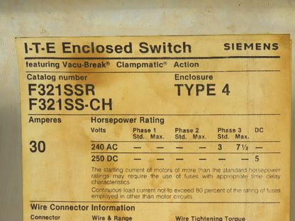 Siemens F321SSR-CH Safety Switch Disconnect Fused Stainless Steel 30A 240VAC