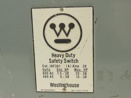 Westinghouse JHF361 Safety Disconnect Switch 30A 600VAC Fused 30HP