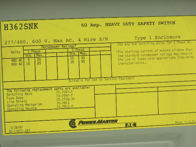 Eaton Power Master H362SNK Safety Disconnect Switch 60A 600V 3Ph Fused