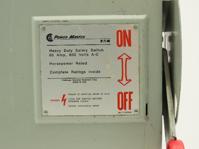 Eaton Power Master H362SNK Safety Disconnect Switch 60A 600V 3Ph Fused