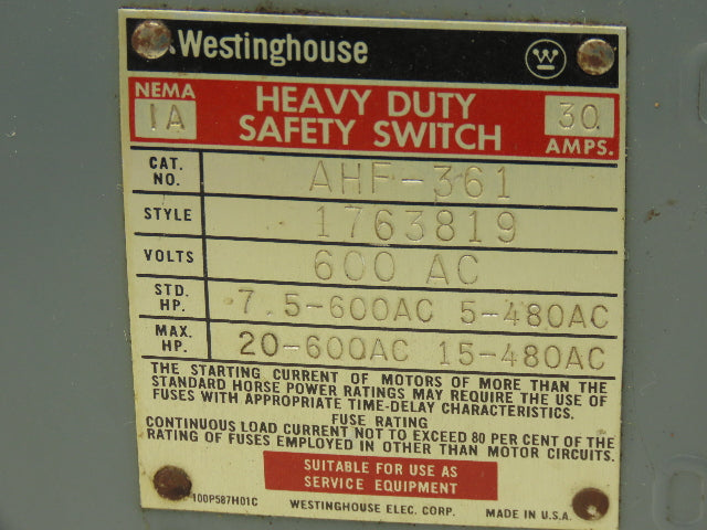 Westinghouse AHF-361 Safety Disconnect Switch 30A 600VAC Fused 20HP
