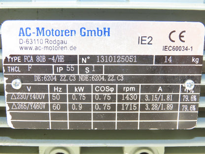 AC-Motoren GmbH FCA 80B-4/HE Metric AC Motor .9kw 1715rpm 230/460V 3PH IEC 80