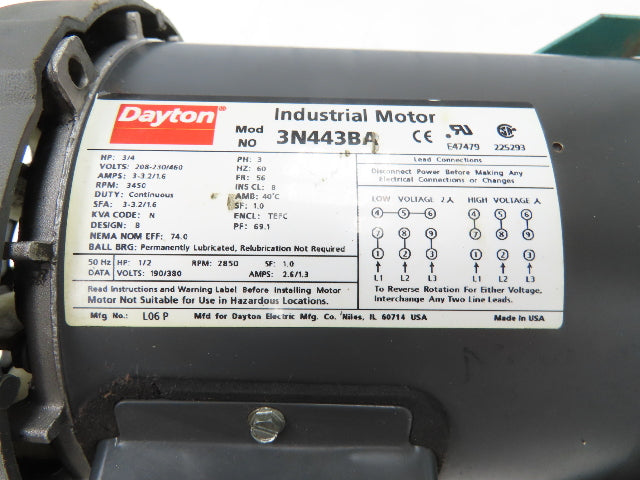 Dayton 3N443BA Squirrel Cage Blower Fan 3/4Hp 3450rpm 230/460V 3PH Motor