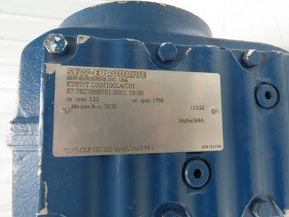 Sew Eurodrive KT67/T DRN100L4/DH Gearmotor 13.22 Ratio 133rpm 5Hp 230/460V 3PH