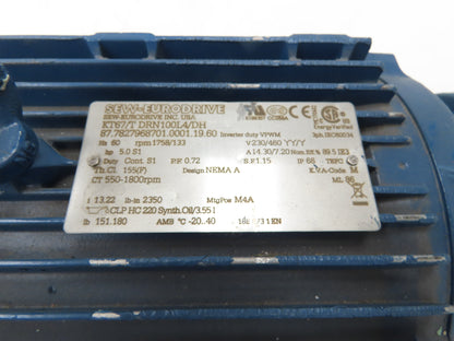 Sew Eurodrive KT67/T DRN100L4/DH Gearmotor 13.22 Ratio 133rpm 5Hp 230/460V 3PH