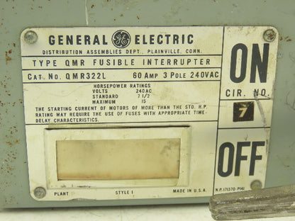 General Electric QMR322L Fusible Interrupter 60A 3Pole 240VAC