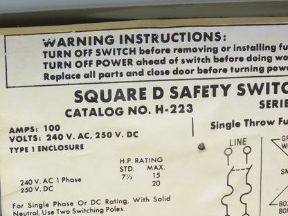 Square D H-223 Safety Disconnect Switch 100A 250VAC Fused 20HP