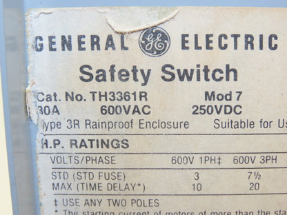 General Electric TH3361R Model 7 GE Safety Disconnect Switch 30A 600VAC Fused