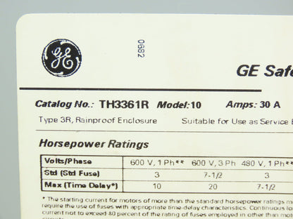General Electric TH3361R Model 10 GE Safety Disconnect Switch 30A 600VAC Fused