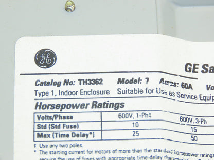 General Electric TH3362 Model 7 GE Safety Disconnect Switch 60A 600VAC