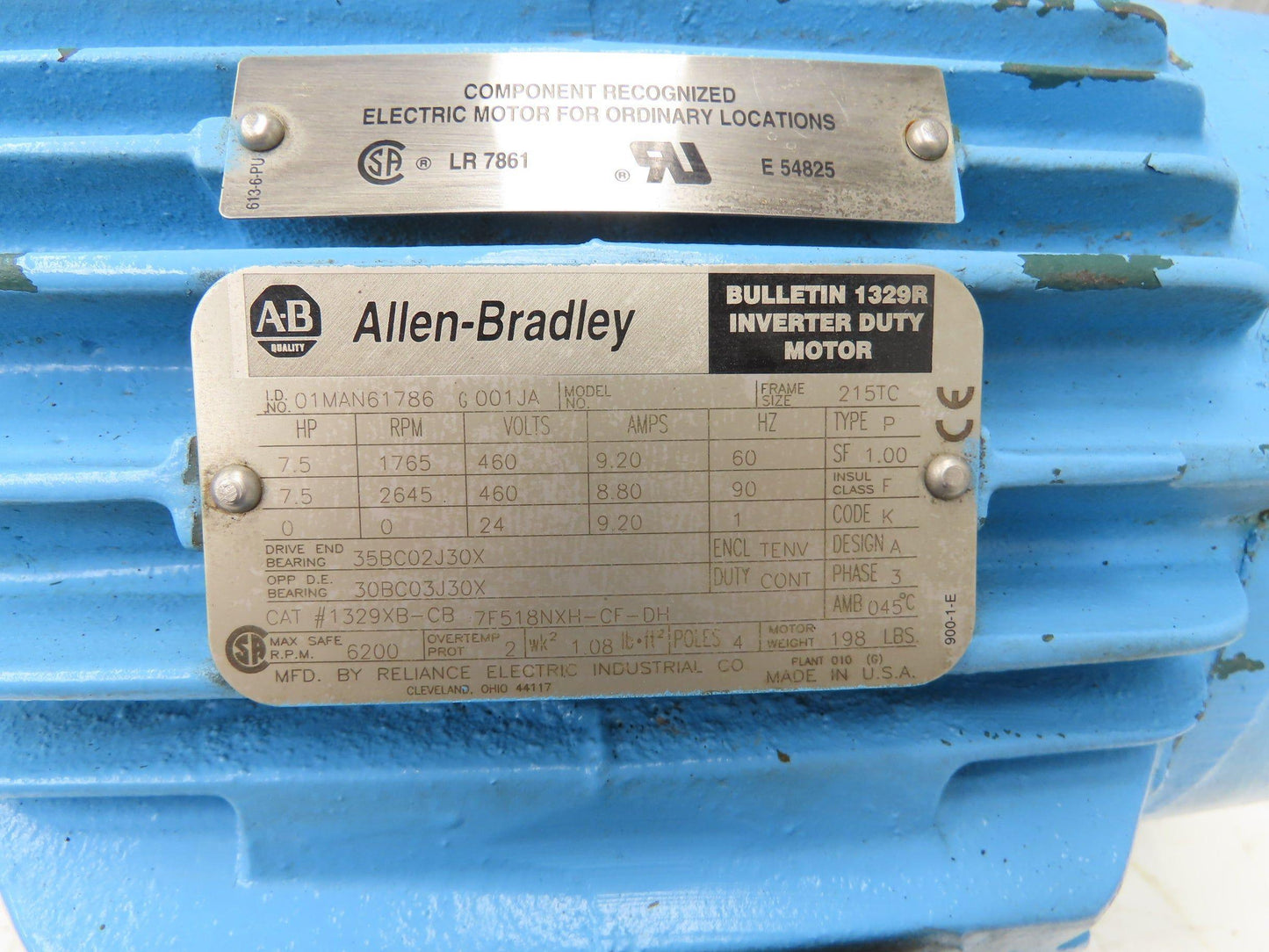 Allen Bradley 1329R Inverter Duty AC Motor 7.5Hp 1765-2645 RPM 460V 3PH 215TC