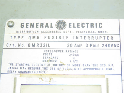 General Electric QMR321 & QMR321L Fusible Interrupter 30A 3Pole 240VAC