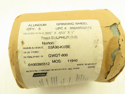 Norton 53A90-KVBE Alundum Grinding Wheel 4"x.853"x1" Lot of 5