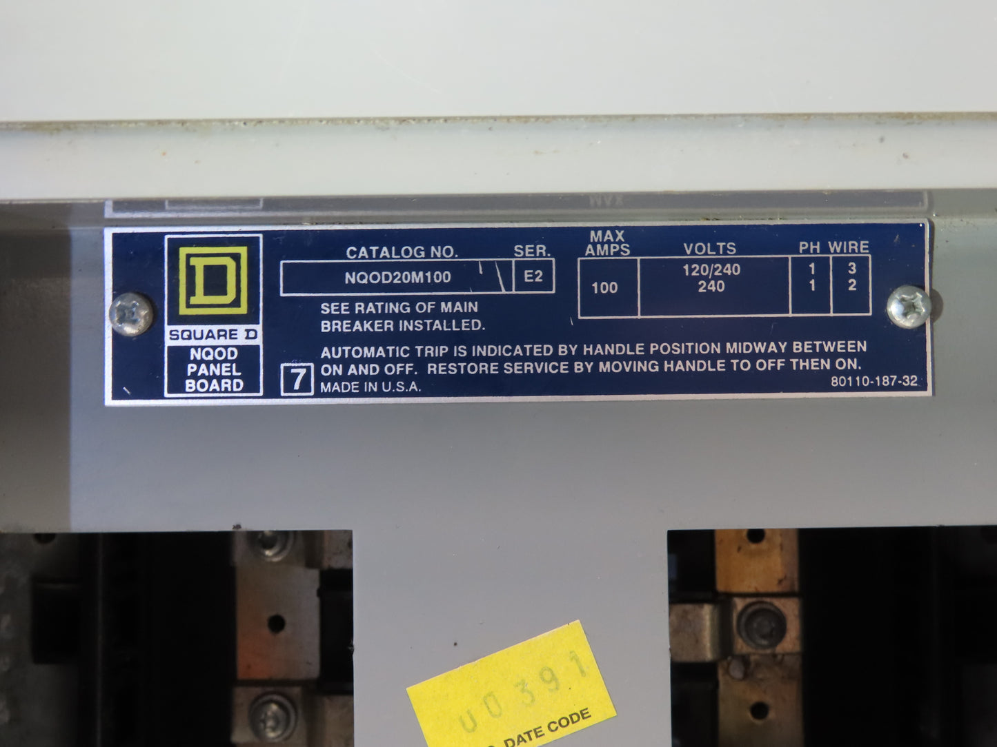 Square D NQOD20M100 Panelboard Load Center Breaker 100A 120/240V 1PH 22 Space