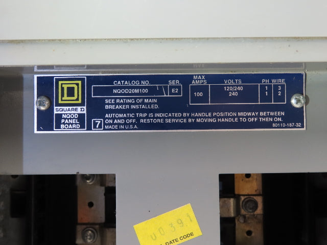 Square D NQOD20M100 Panelboard Load Center Breaker 100A 120/240V 1PH 22 Space