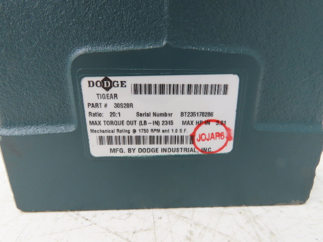 Dodge Tigear 30S20R Worm Gearbox 20:1 Reducer 3.8Hp 88rpm RH Output 2345 In-Lb
