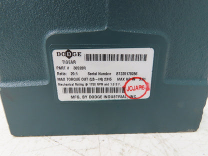 Dodge Tigear 30S20R Worm Gearbox 20:1 Reducer 3.8Hp 88rpm RH Output 2345 In-Lb