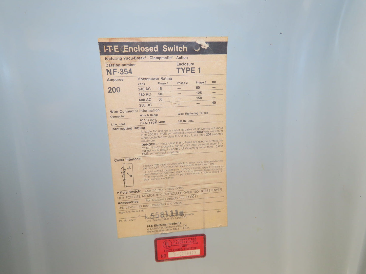 I-T-E NF354 Vacu-Break Fusible Safety Disconnect Switch 200A 600V 3Ph 50Hp