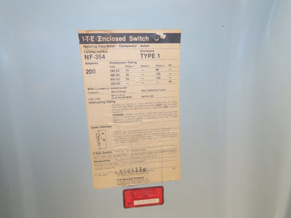I-T-E NF354 Vacu-Break Fusible Safety Disconnect Switch 200A 600V 3Ph 50Hp