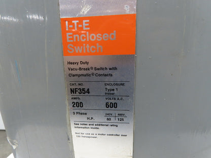 I-T-E NF354 Vacu-Break Fusible Safety Disconnect Switch 200A 600V 3Ph 50Hp