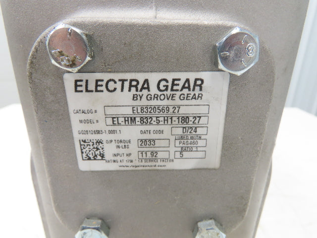 Electra Gear EL-HM-832-5-H1-180-27 Gearbox 5:1 Ratio 350rpm 180TC Hollow Shaft