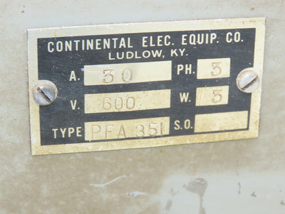 Continental Electric PFA 351 Fusible Panelboard Switch 30A 3P 600VAC