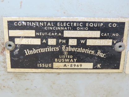 Continental Electric PFA 351 Fusible Panelboard Switch 30A 3P 600VAC