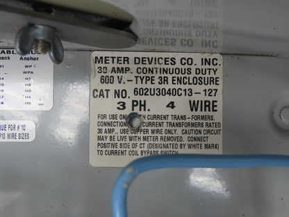 Meter Devices Co. 602U3040C13-127 Meter Socket 30A 3Ph 600V 4 Wire 13 Terminal