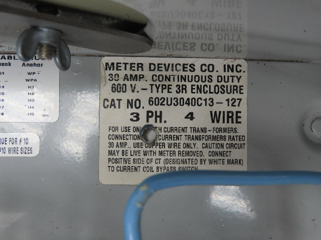 Meter Devices Co. 602U3040C13-127 Meter Socket 30A 3Ph 600V 4 Wire 13 Terminal
