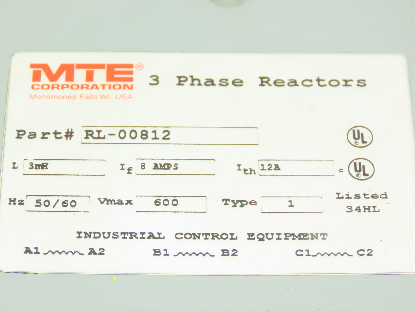 MTE RL-00812 Line Reactor 3.0mH 8A 600VAC 3PH Type 1 Enclosure