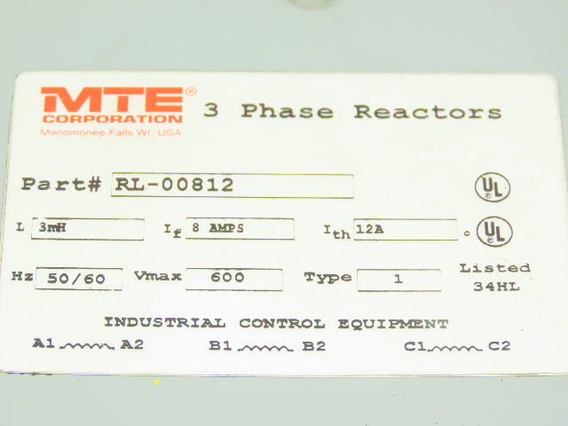 MTE RL-00812 Line Reactor 3.0mH 8A 600VAC 3PH Type 1 Enclosure
