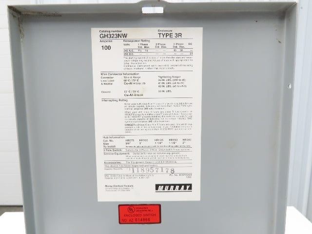 Murray GH323NW GH323NW Safety Disconnect Switch 100A 240VAC Fused 15HP