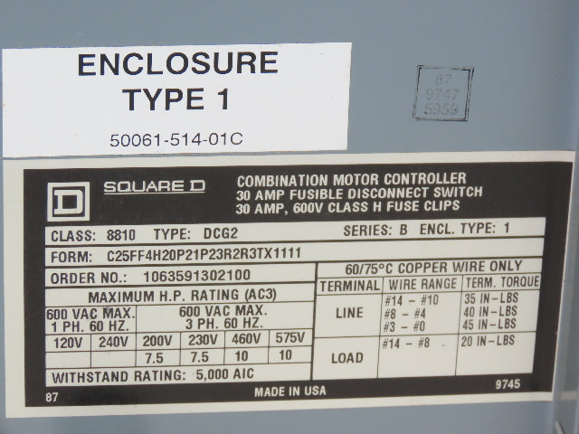 Square D Combination Starter Enclosure NEMA Size 2 Outside Disconnect 29x15x8"