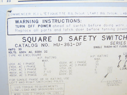 Square D HU-361-DF Safety Disconnect Switch 30A 600VAC 30HP 3Ph Non Fused